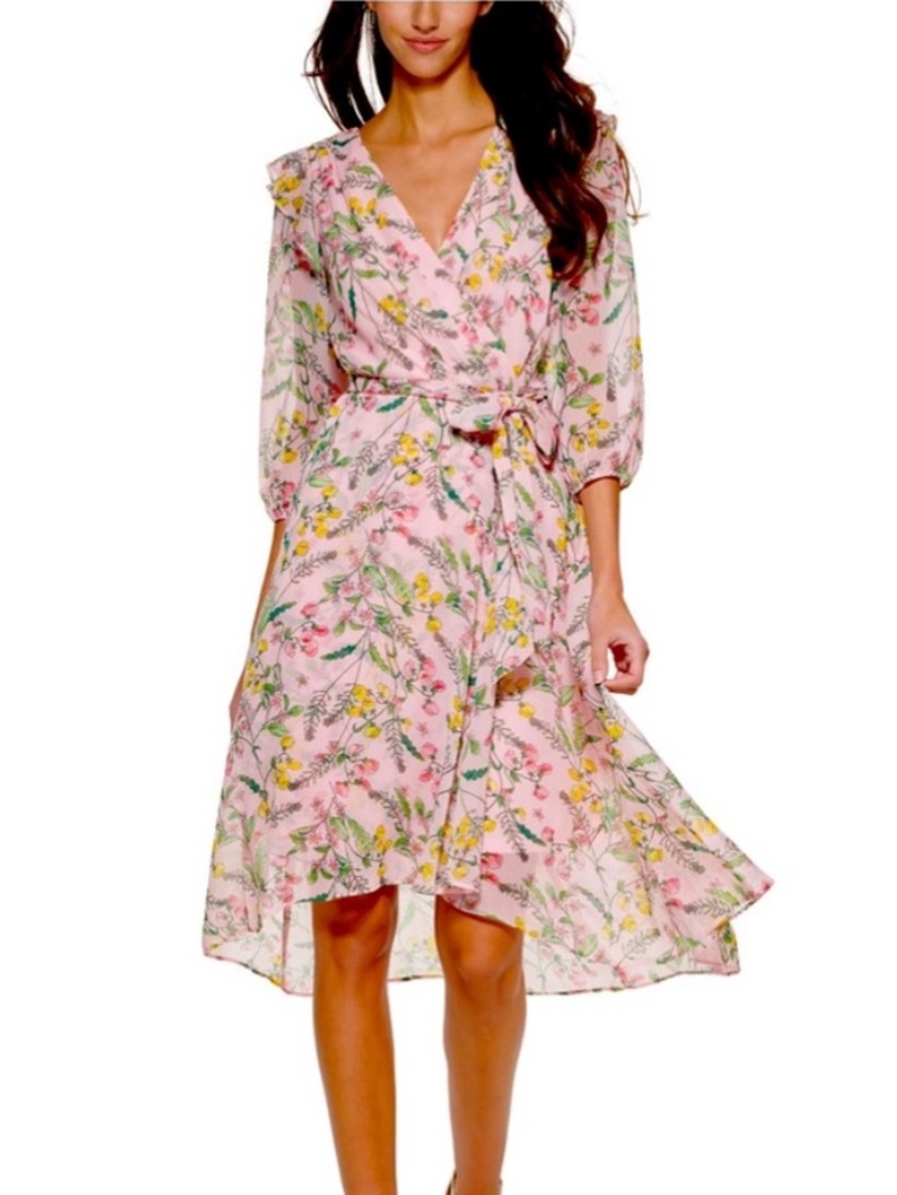TOMMY HILFIGER nwt Light Pink Floral Faux Wrap Long Sleeve Flowy Dress